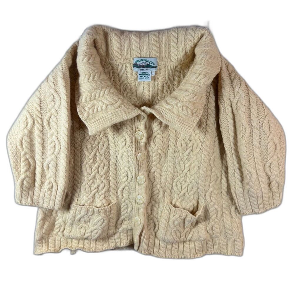 Aran Crafts Ireland 100% Merino Wool Cable Knit Cardigan Shawl Collar Cream L